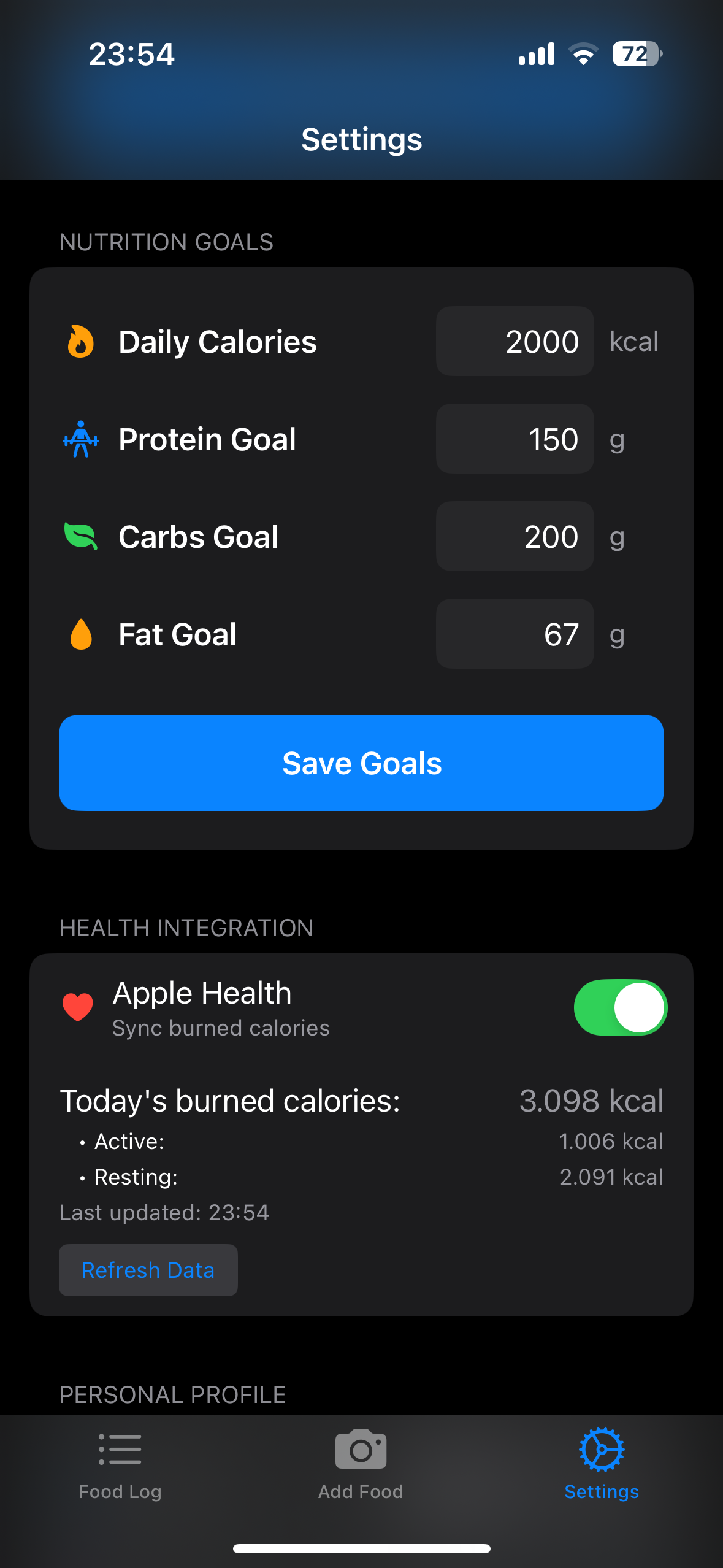 Health goals and Apple Health integration